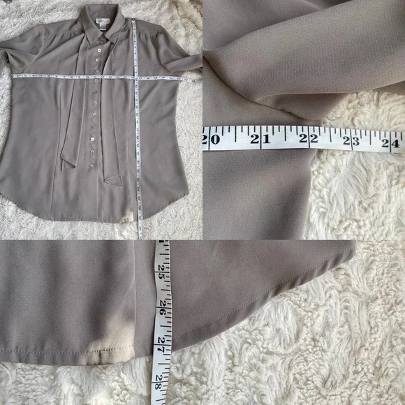 Vintage dove grey pussy bow tie neck blouse secretary 90s taupe long sleeve L - Picture 5 of 17